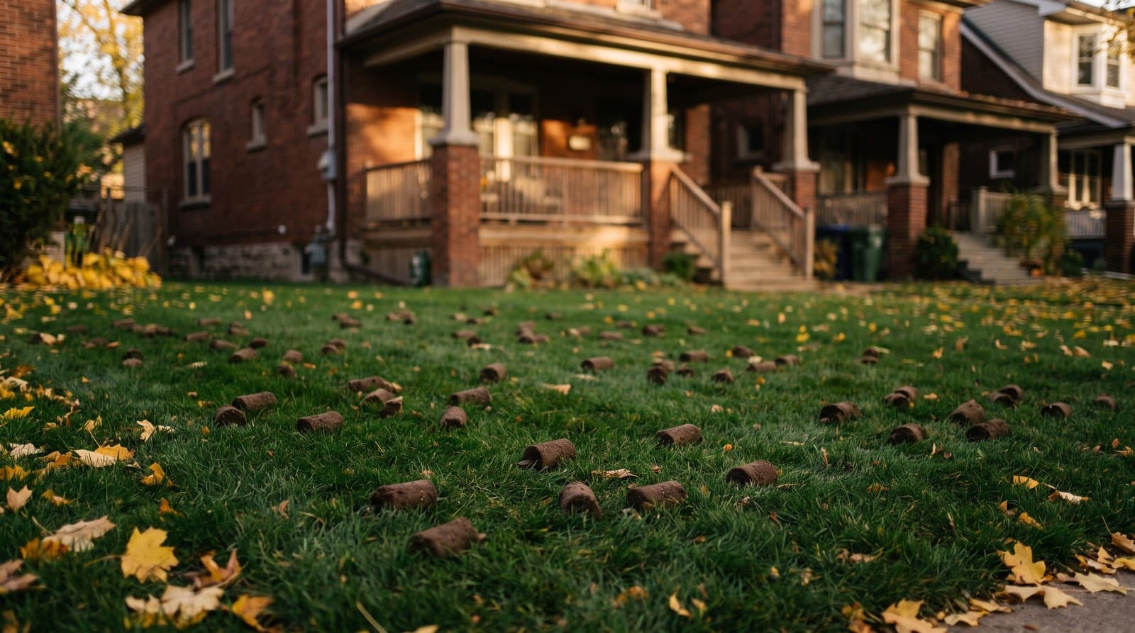 Core aeration soil plugs scattered across a healthy green Toronto front lawn in early autumn