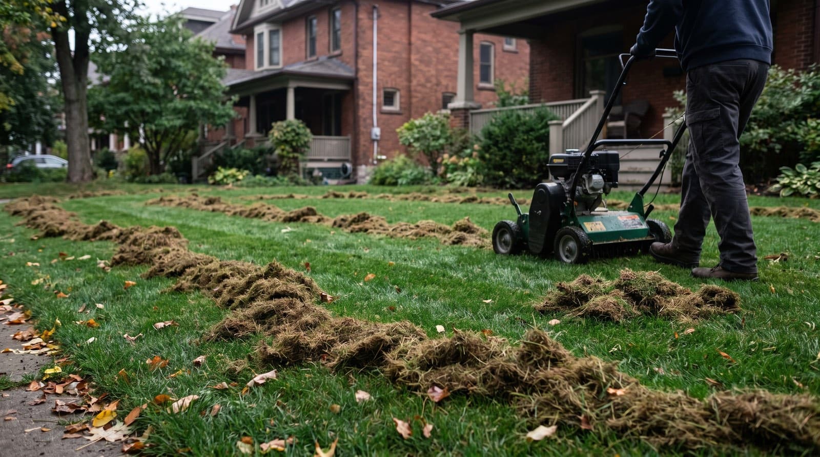 A power rake pulling up piles of brown thatch from a green Toronto lawn in early fall