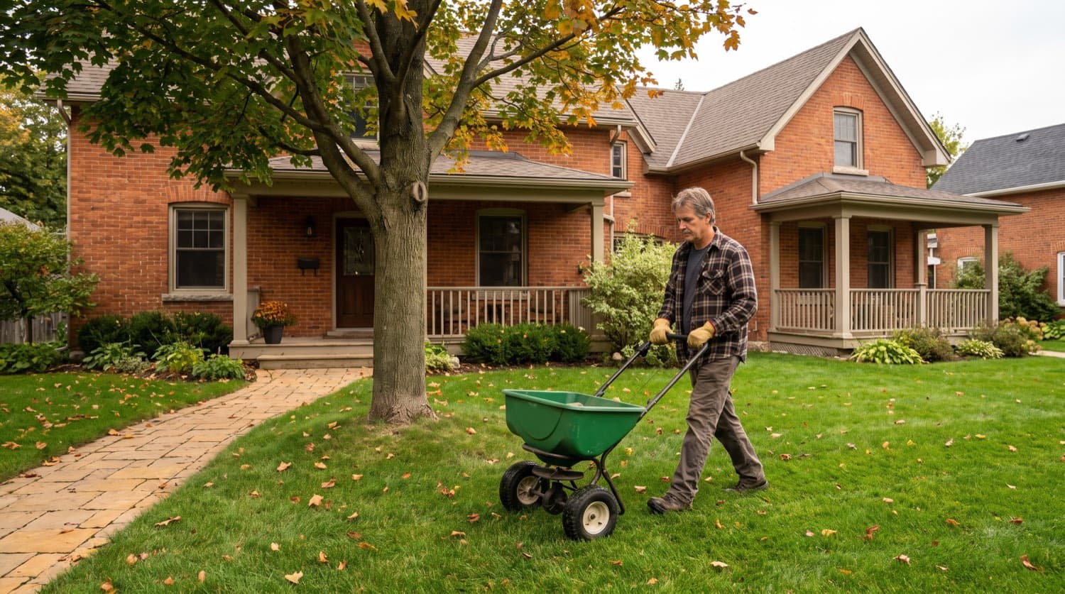 Homeowner using a broadcast spreader to fertilize a healthy green Ontario lawn in early fall in front of a brick house