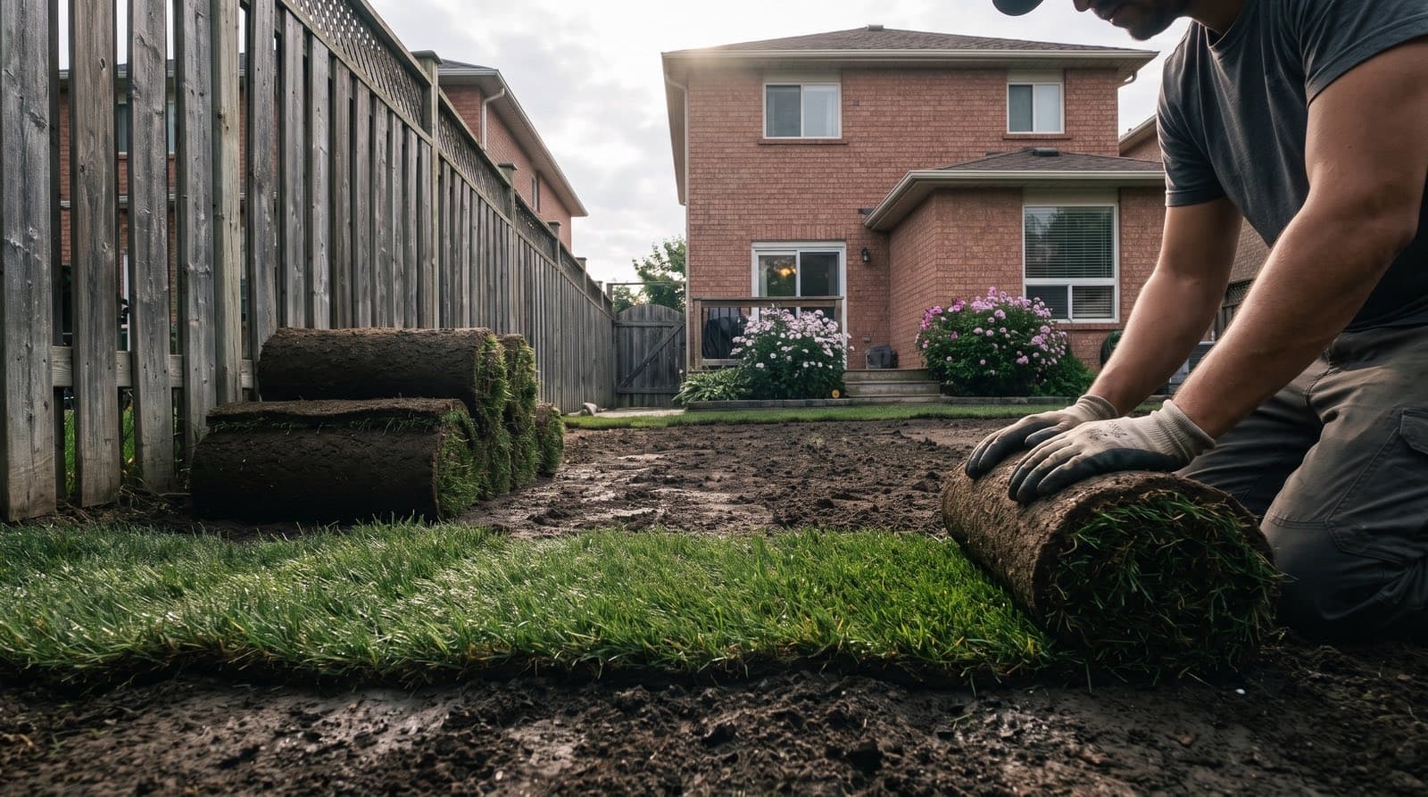 Fresh rolls of sod being laid over prepared soil in a Toronto backyard on a mild spring morning