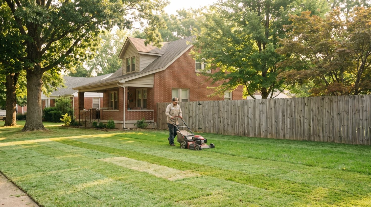A person making the first careful mow of an established new sod lawn at a Toronto home on a summer morning