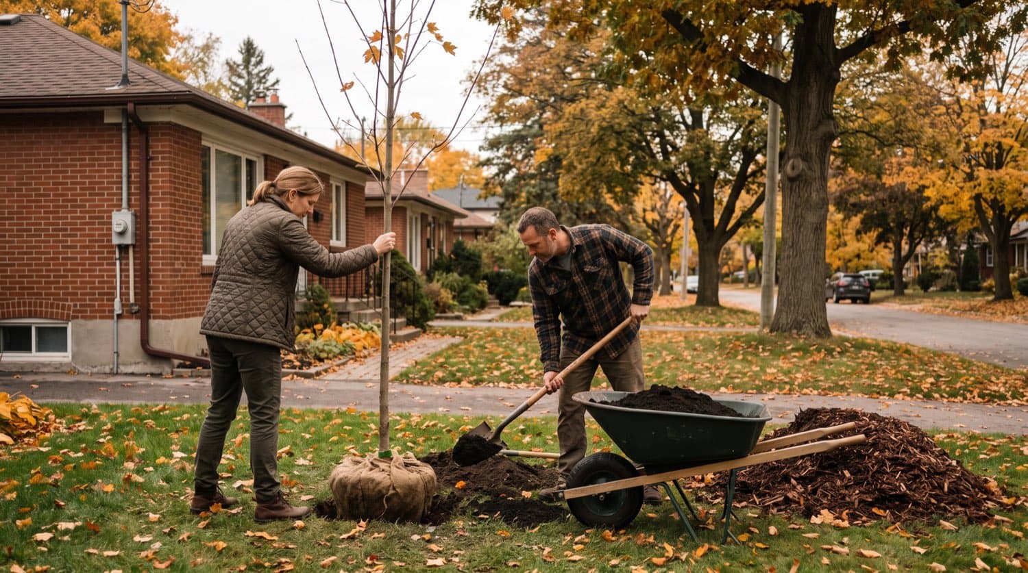 Homeowner and landscaper planting a young balled-and-burlapped maple tree in a Toronto front yard on a cool autumn day