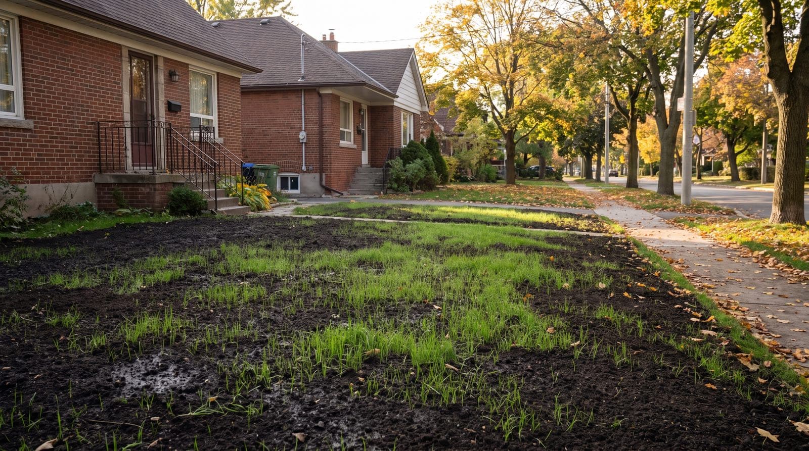 Freshly seeded and germinating green lawn in front of a Toronto brick home in early fall with mature trees turning colour