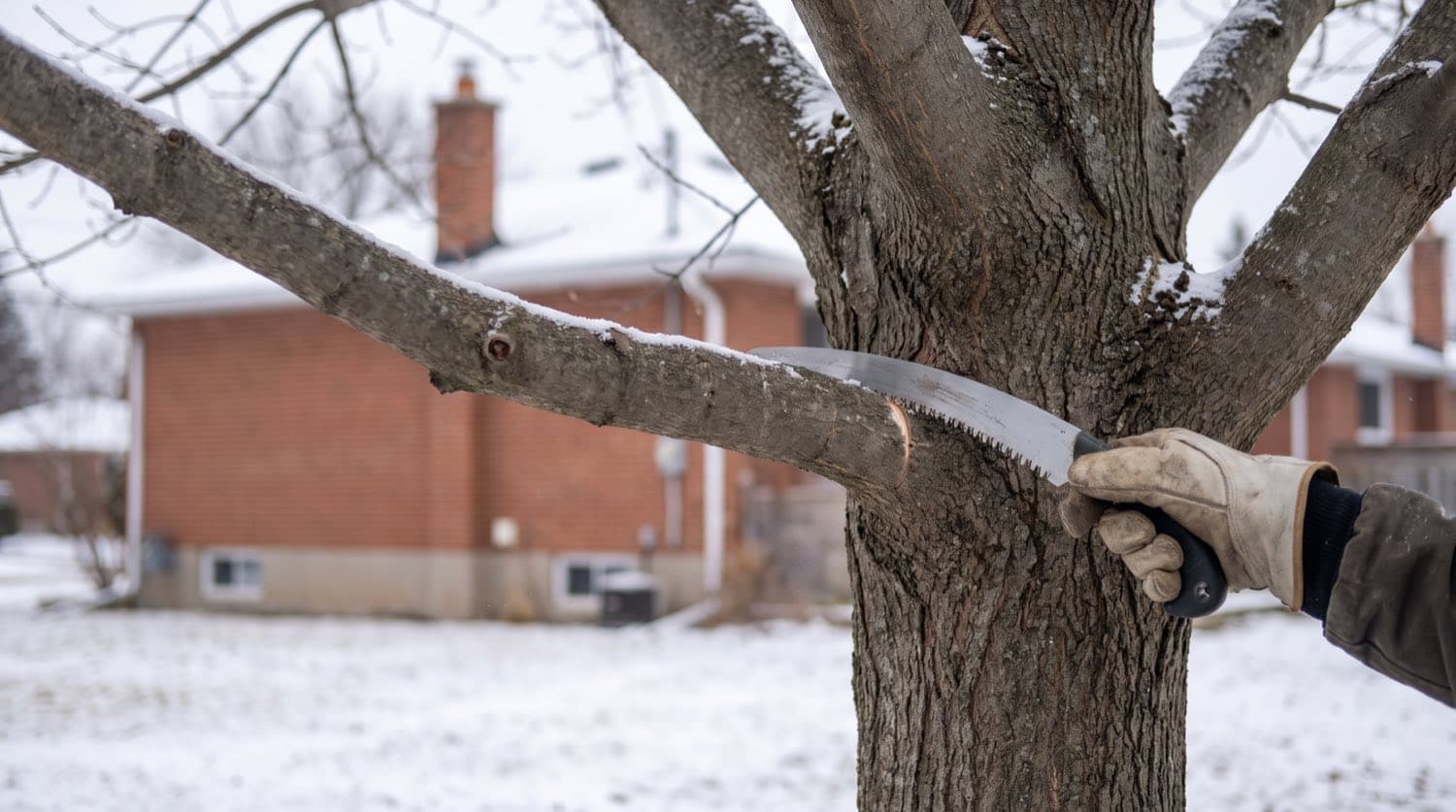 Bare deciduous tree being pruned in winter dormancy in an Ontario yard, clean pruning cuts and a hand saw visible against snow-dusted ground