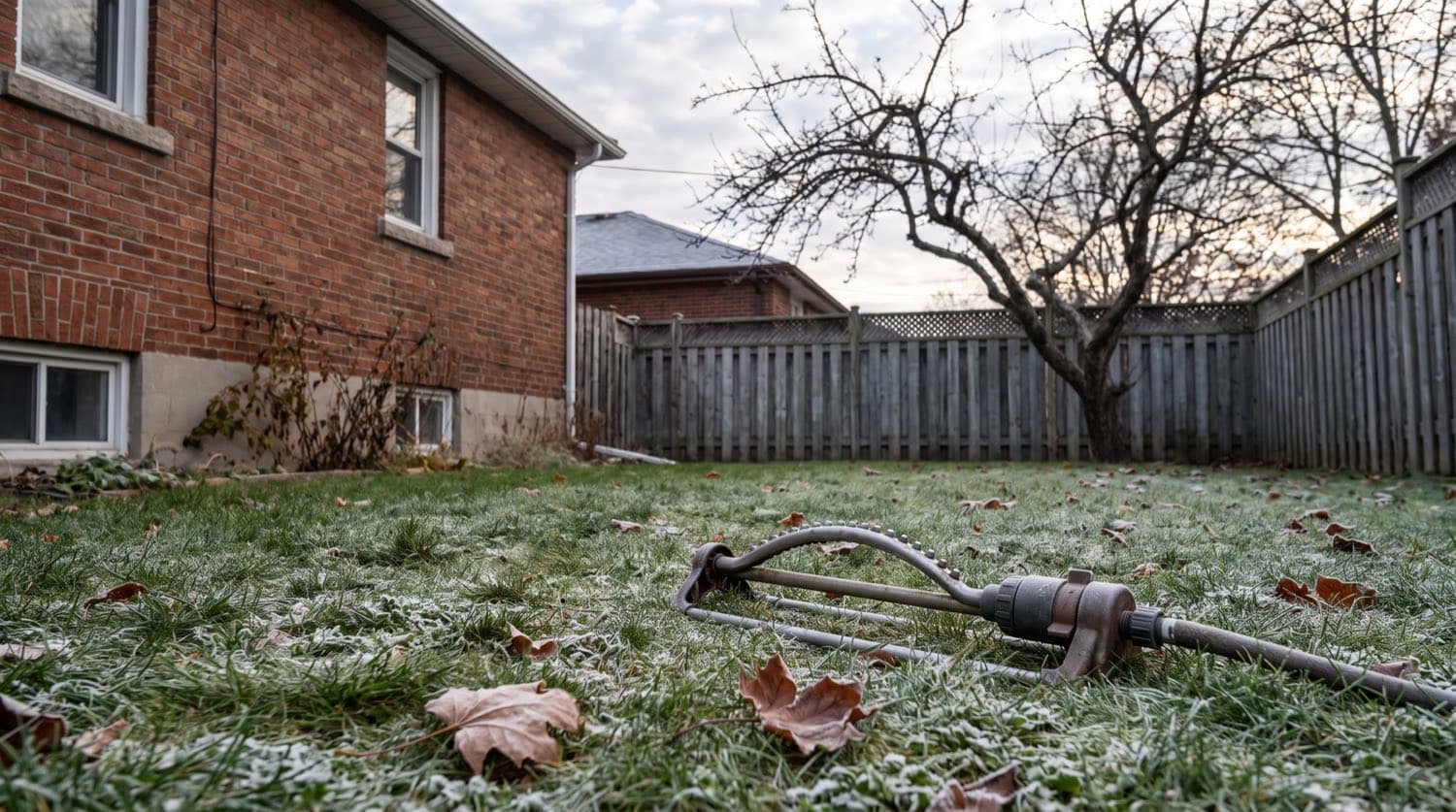 Late-fall Toronto backyard lawn with frost-tinged grass and bare maple trees, an oscillating sprinkler turned off in the foreground