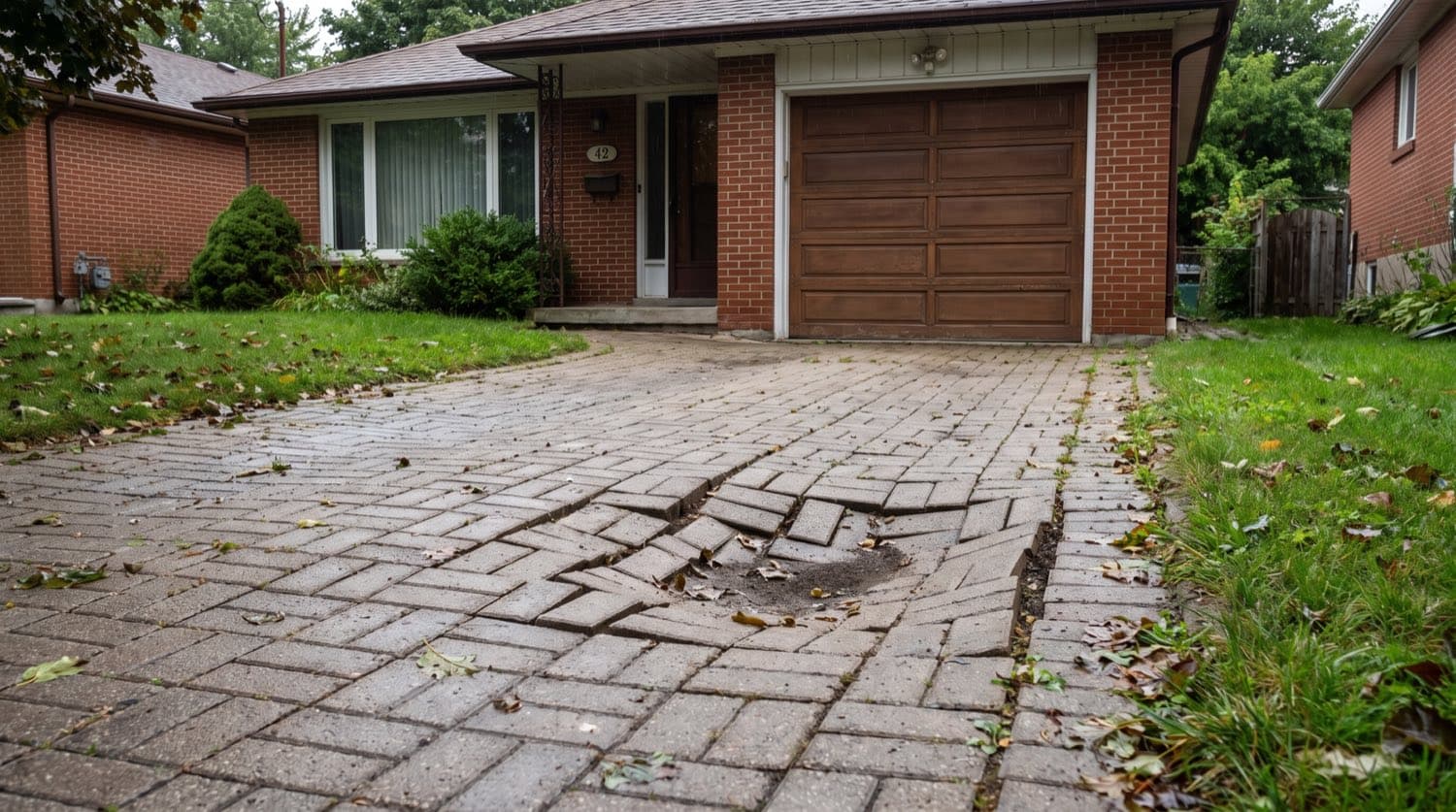 Sunken and uneven section of an interlocking paver driveway in a Toronto yard, dipping near the garage apron
