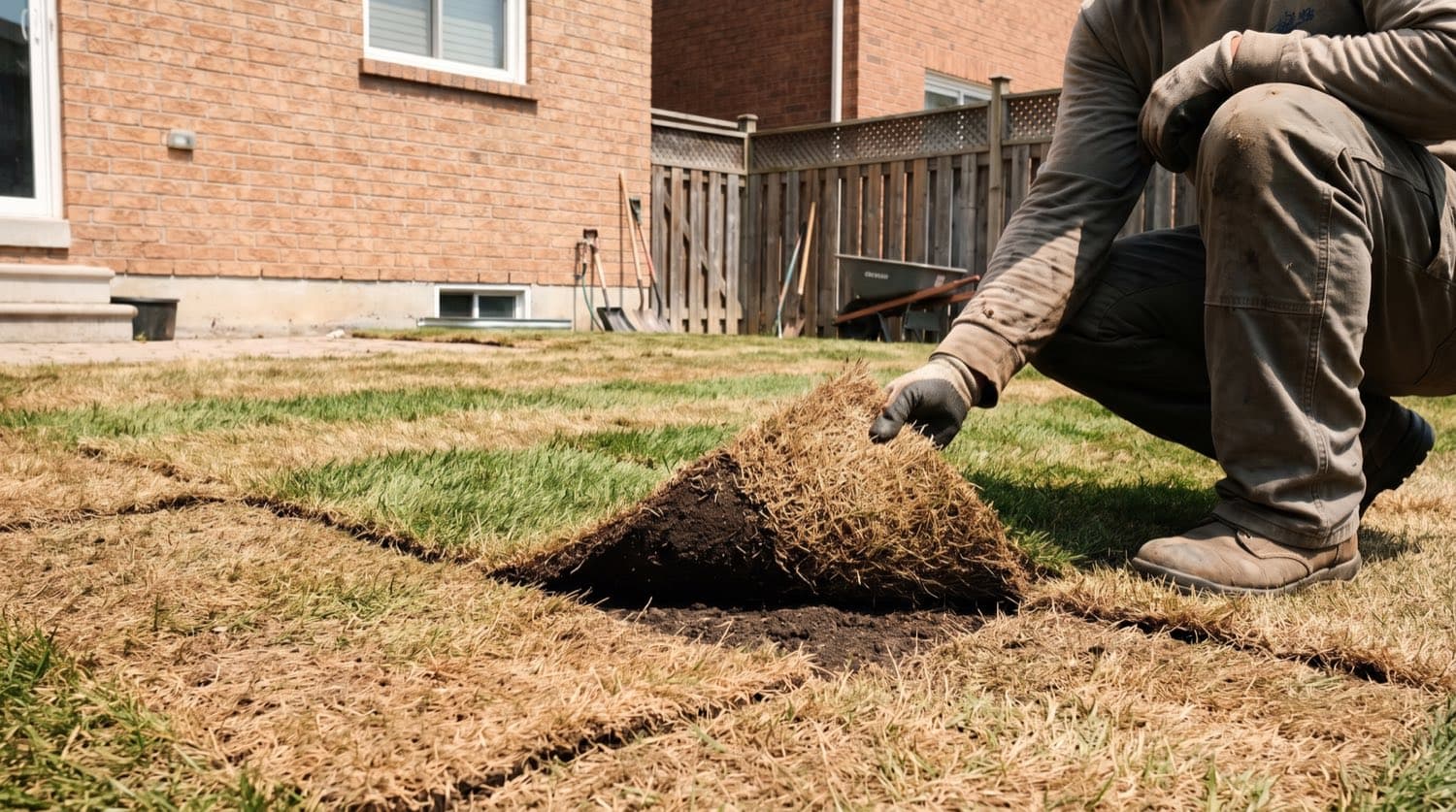 A patchy new sod lawn browning at the seams and edges in a Toronto backyard, with a homeowner lifting a corner to inspect the roots