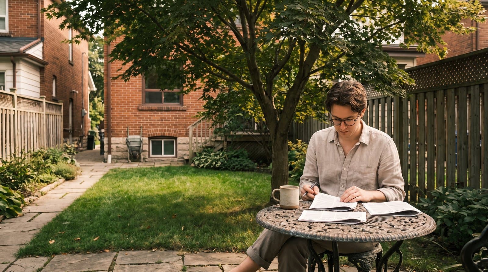 Toronto homeowner comparing three paper landscaping quotes at a backyard patio table on a summer afternoon