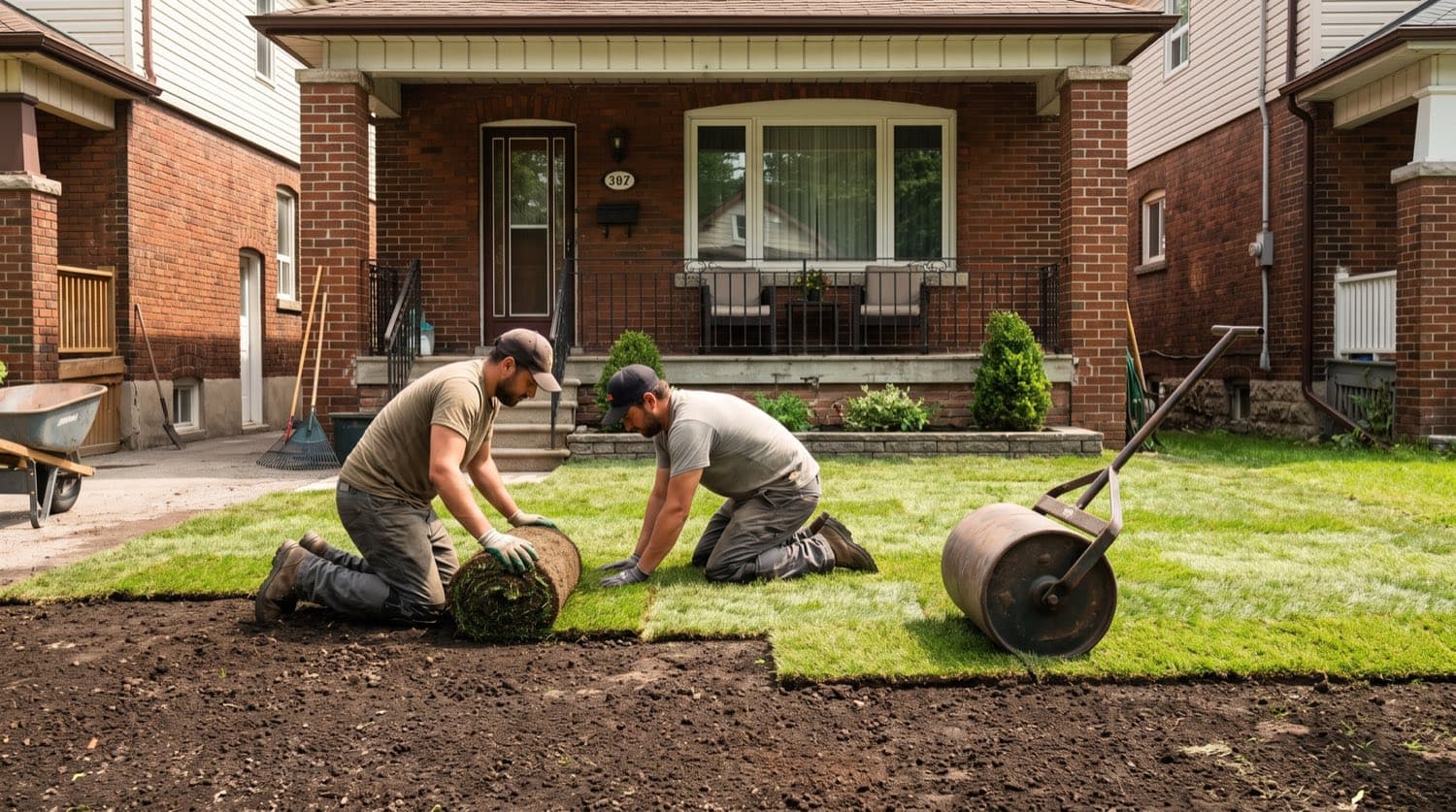 A landscaping crew laying staggered green sod strips onto freshly graded and raked soil at a Toronto home in summer