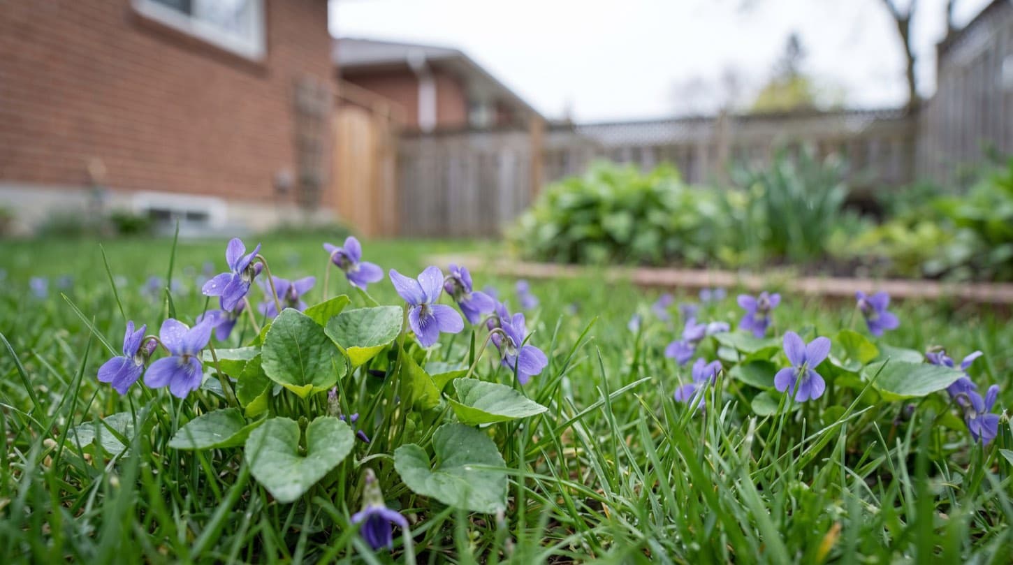 Purple wild violets with heart-shaped leaves blooming in a green Toronto lawn in spring