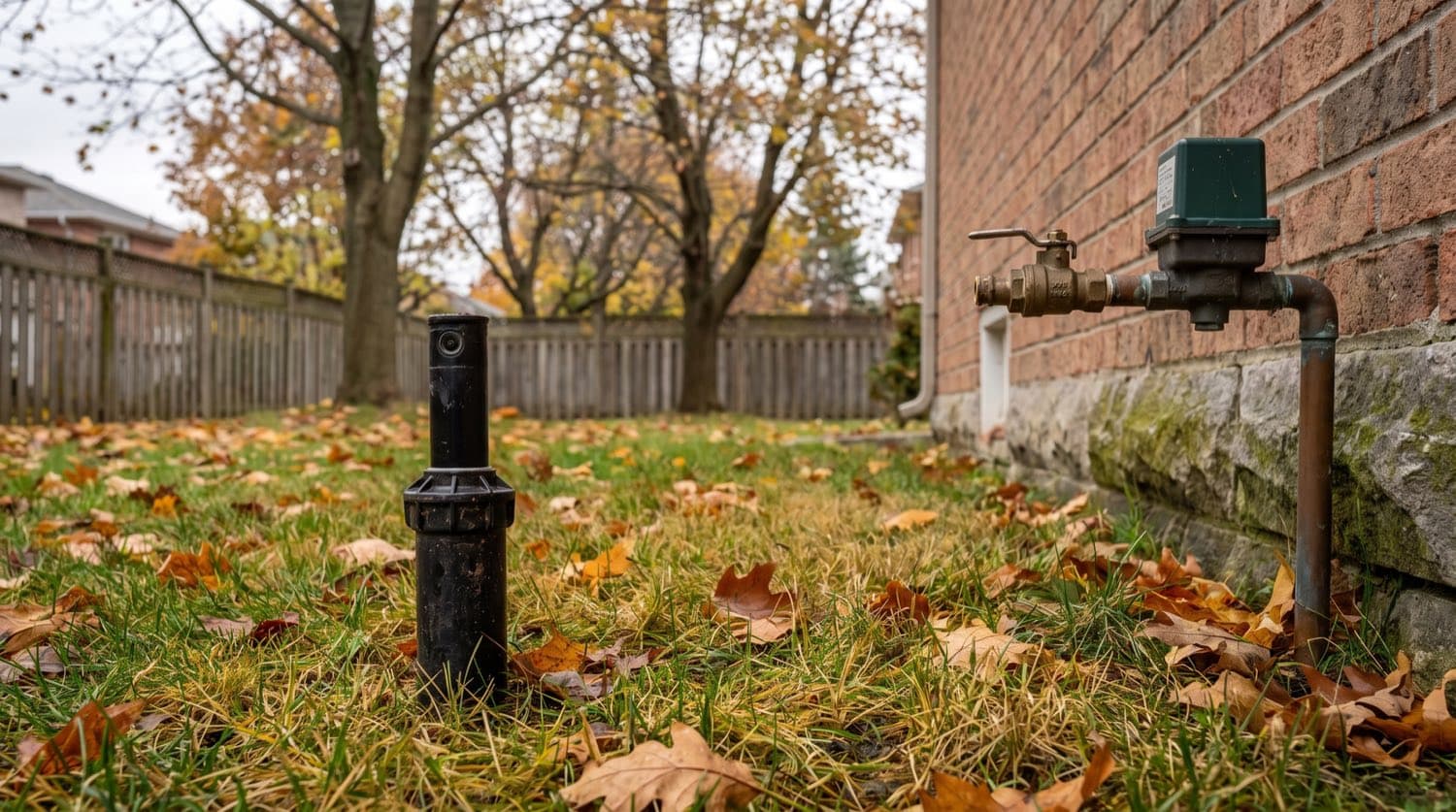 Homeowner shutting down a backyard lawn irrigation system in fall in Ontario, pop-up sprinkler head and shut-off valve visible