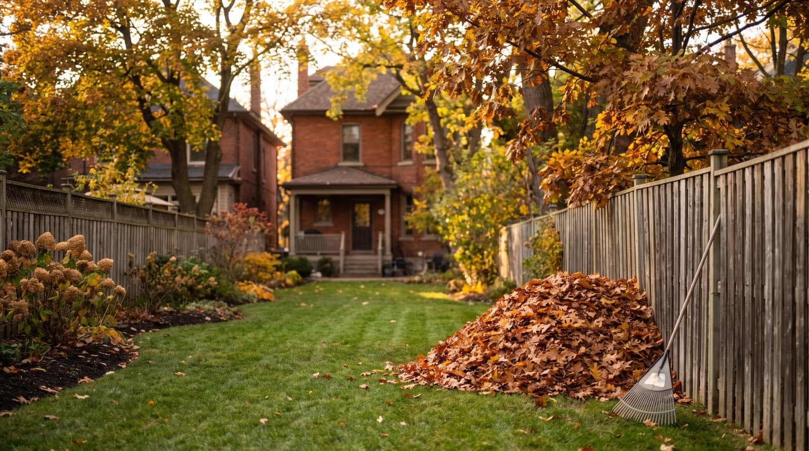 A tidy Toronto backyard being prepared for winter in late fall, with raked leaves and autumn foliage