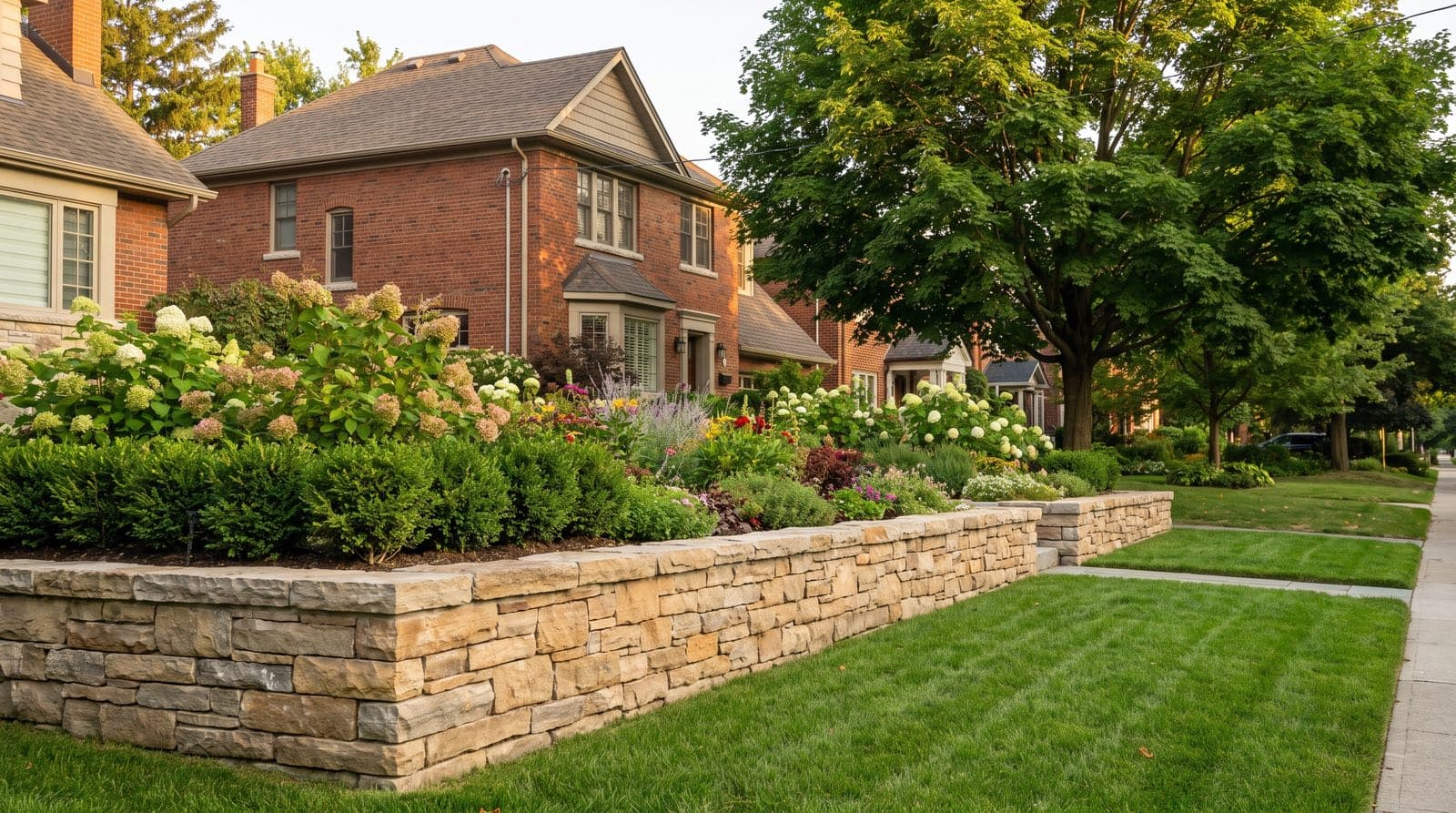 A natural stone retaining wall terracing a planted garden bed in front of a red-brick Toronto house in summer