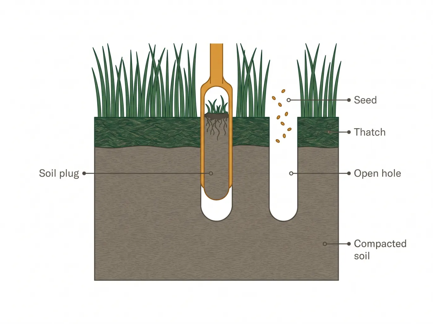 Cross-section diagram of core aeration showing a soil plug pulled out, the open hole, and grass seed falling into it through compacted soil