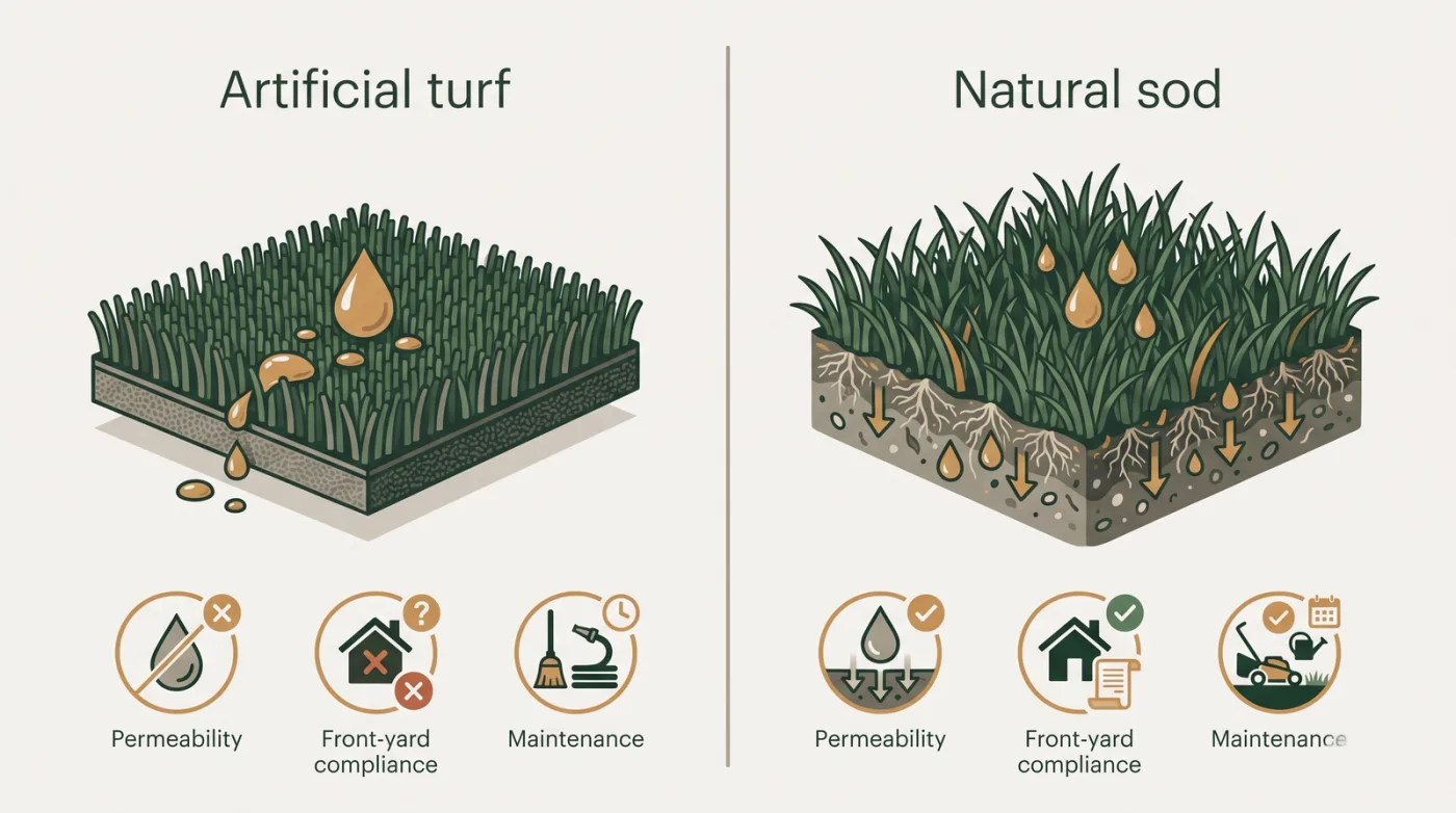 Side-by-side comparison of artificial turf and natural sod for a Toronto front yard, labelled on permeability, front-yard bylaw compliance, and maintenance