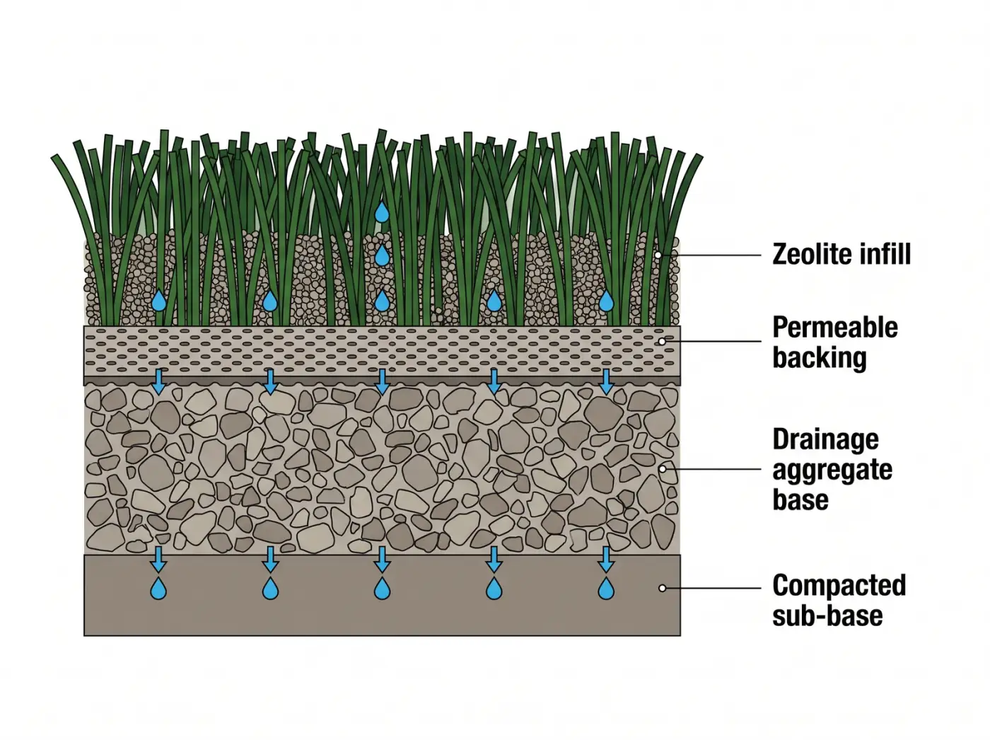 Cross-section of a pet artificial turf system showing permeable turf backing, drainage aggregate base, and compacted sub-base letting liquid drain through