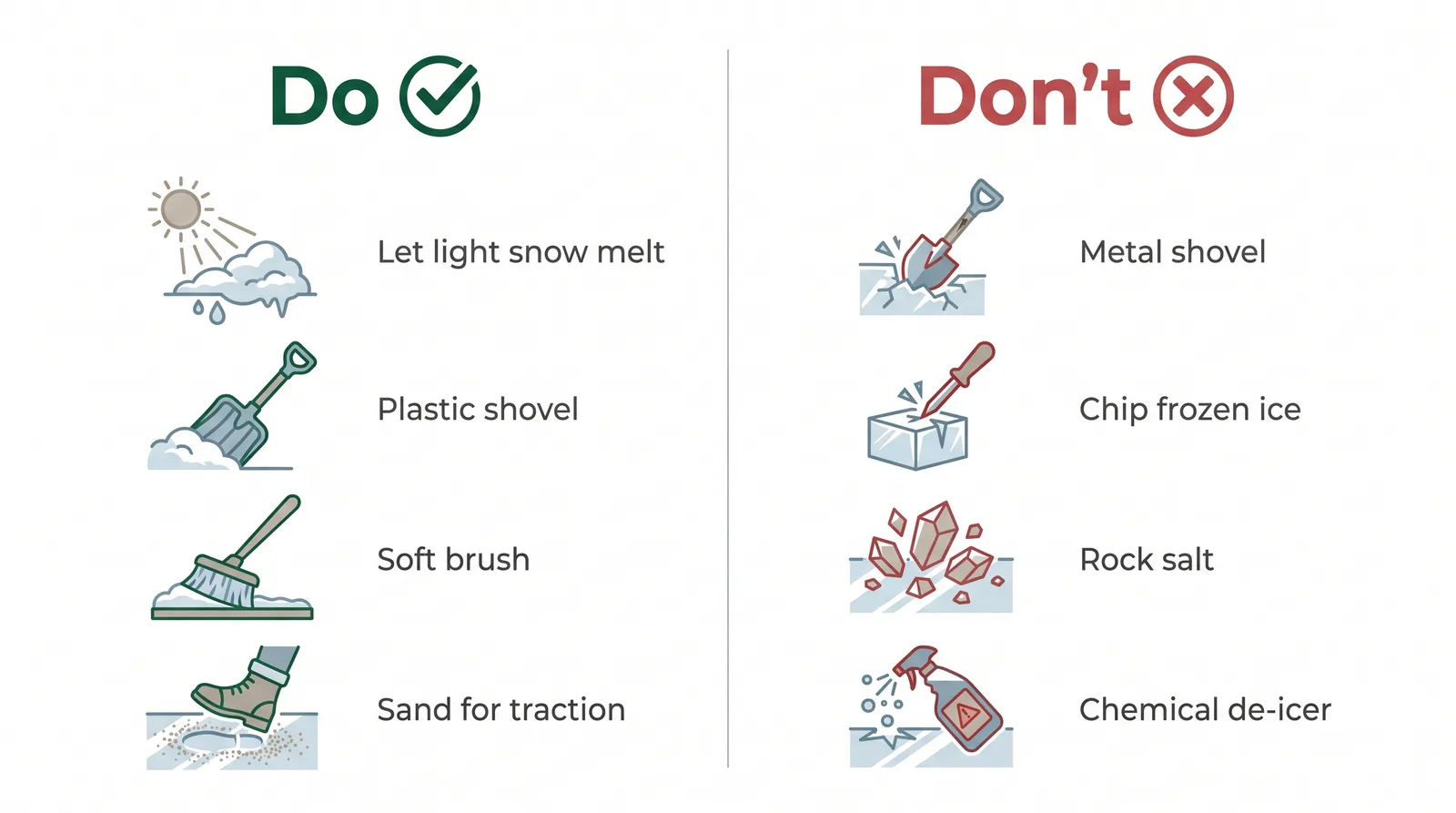 Chart of winter dos and don'ts for artificial grass: let light snow melt, use a plastic shovel and sand for traction, do not use a metal shovel, rock salt, or chemical de-icer