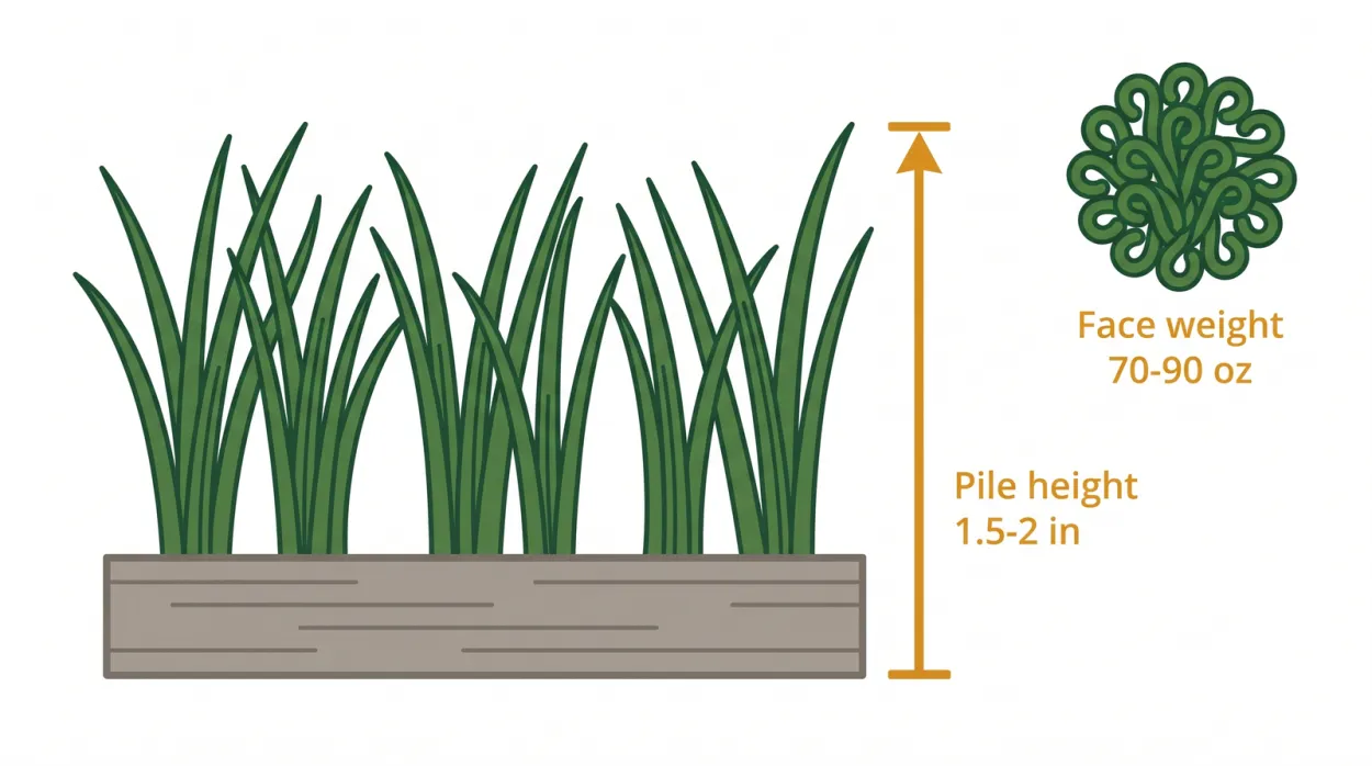 Diagram of artificial grass specifications showing pile height as blade length and face weight as yarn density with the residential sweet spot ranges labelled
