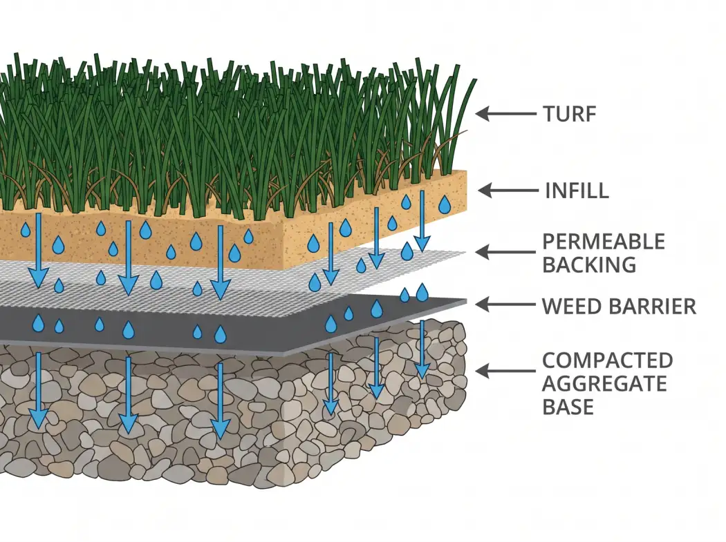 Cross-section diagram of an artificial grass installation showing the turf blades, permeable backing, infill, compacted aggregate base, and drainage in a freeze-thaw climate