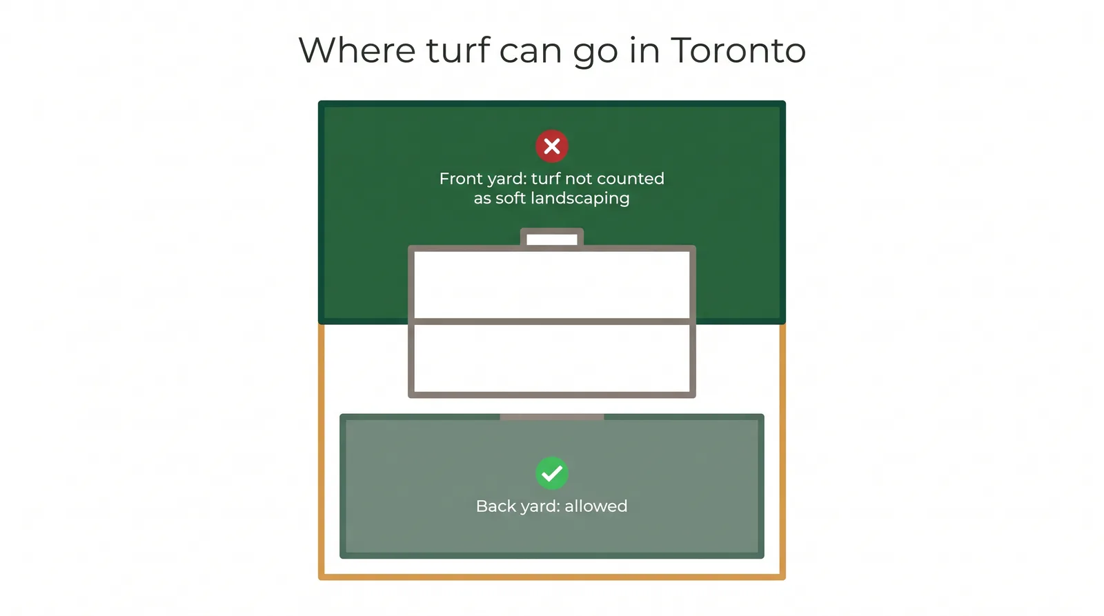 Diagram showing artificial turf is not counted as soft landscaping in a Toronto front yard, while it is allowed in the backyard