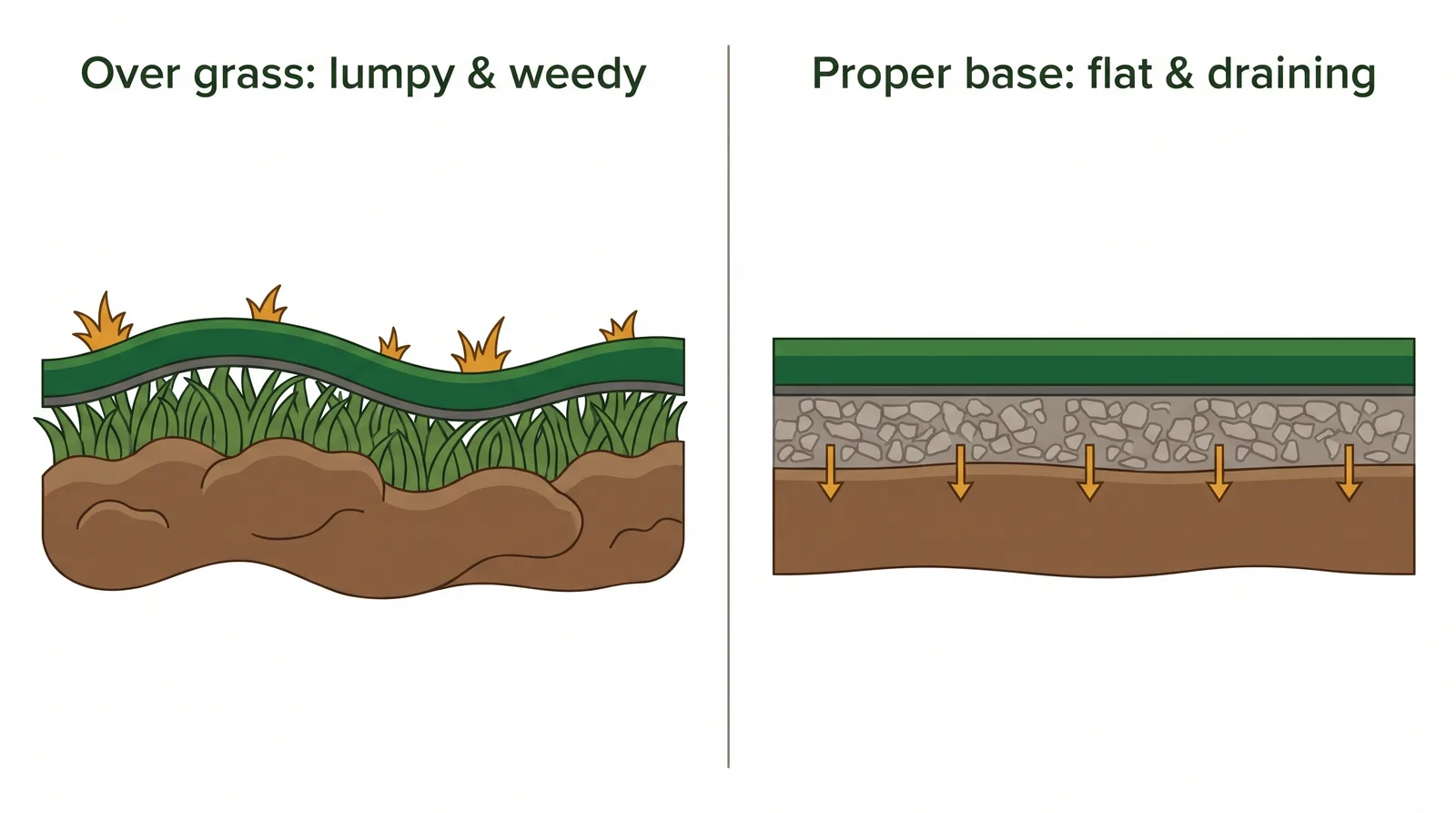 Comparison showing artificial turf laid directly over grass going lumpy and weedy versus turf on a proper compacted stone base staying flat