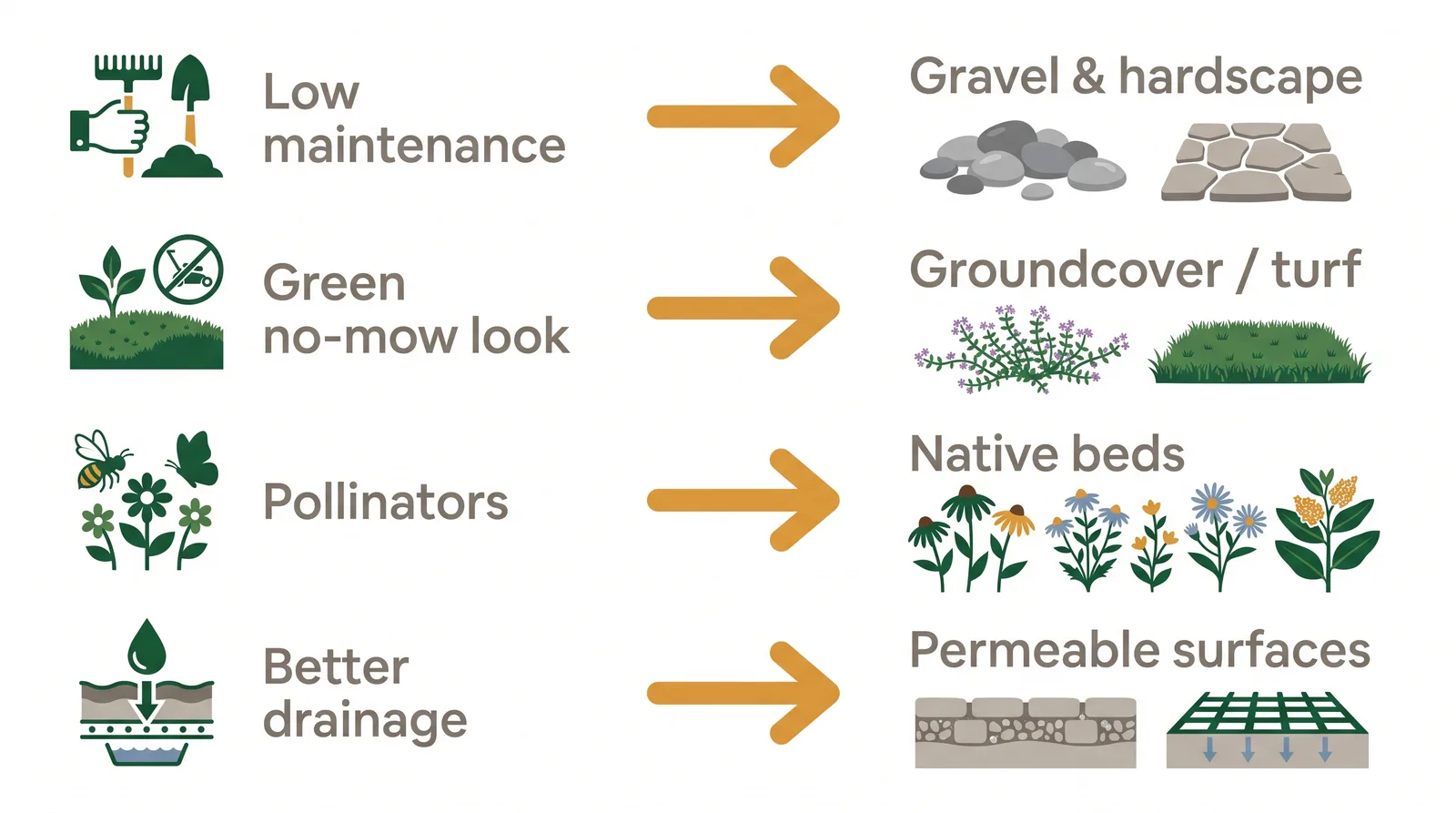 Diagram matching a homeowner's goal to a no-grass backyard approach: low maintenance to gravel and hardscape, green no-mow look to groundcover or artificial turf, pollinators to native beds, drainage to permeable surfaces