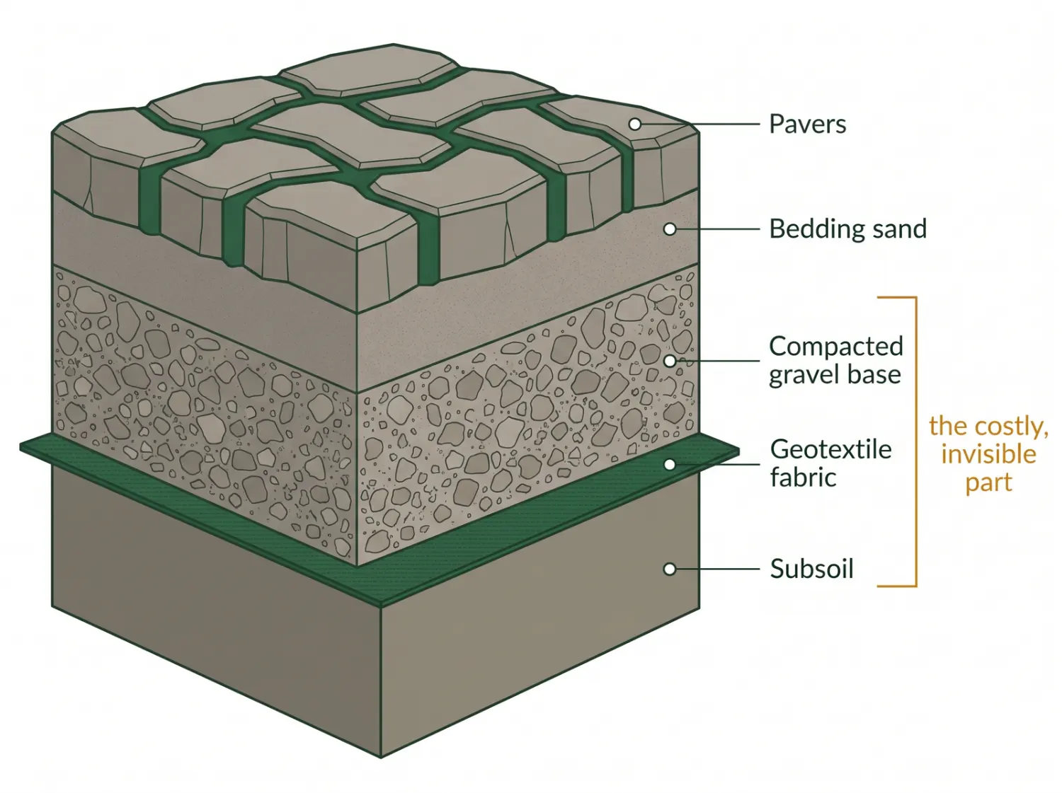 Labeled cross-section of a Toronto paver patio showing compacted gravel base, geotextile fabric, bedding sand, and pavers, with the buried layers marked as the costly part