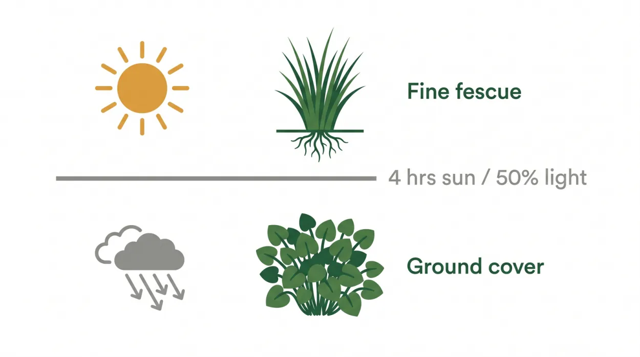 Diagram showing the four hour sunlight threshold for lawns: above four hours plant fine fescue, below four hours plant a shade ground cover instead of grass