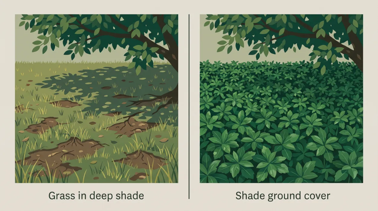 Comparison of a thin patchy grass lawn in deep shade versus a lush shade ground cover of pachysandra under a tree