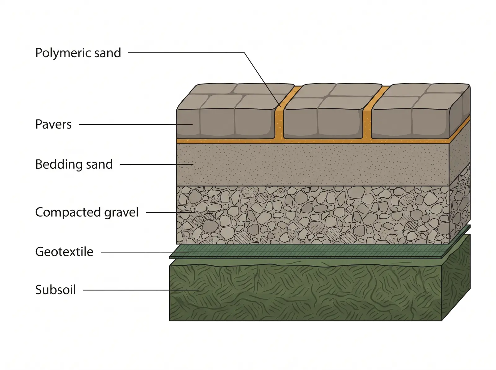 Labeled cross-section of an interlocking driveway base showing subsoil, geotextile fabric, compacted gravel base, bedding sand, pavers, and polymeric sand joints