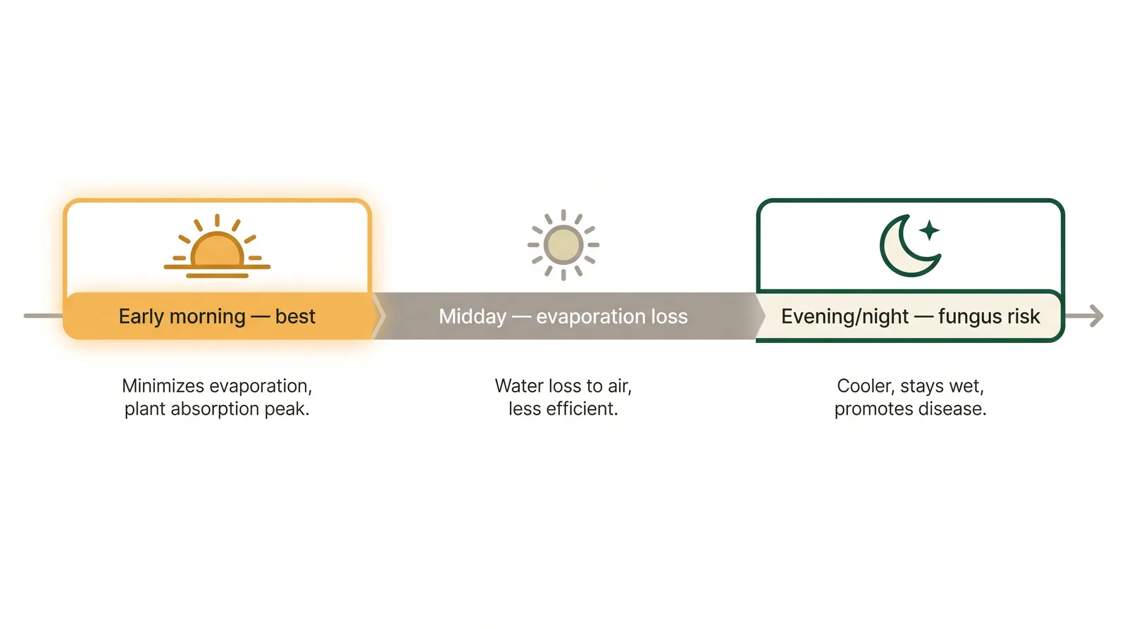 Diagram of a day showing early morning as the best time to water grass, midday as high evaporation loss, and evening or night as fungal disease risk