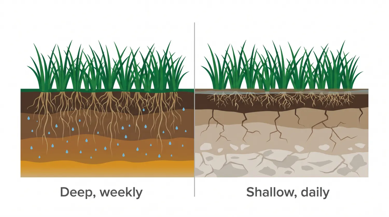 Comparison diagram of deep infrequent watering producing deep grass roots versus shallow daily watering producing shallow roots