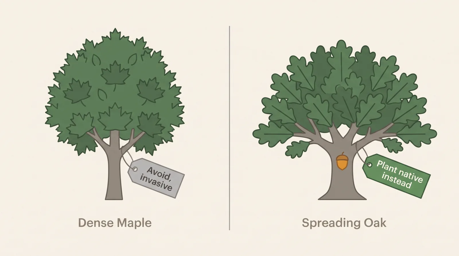 Comparison of an invasive Norway maple labeled avoid next to a native oak labeled plant instead, showing the native alternative for a Toronto yard