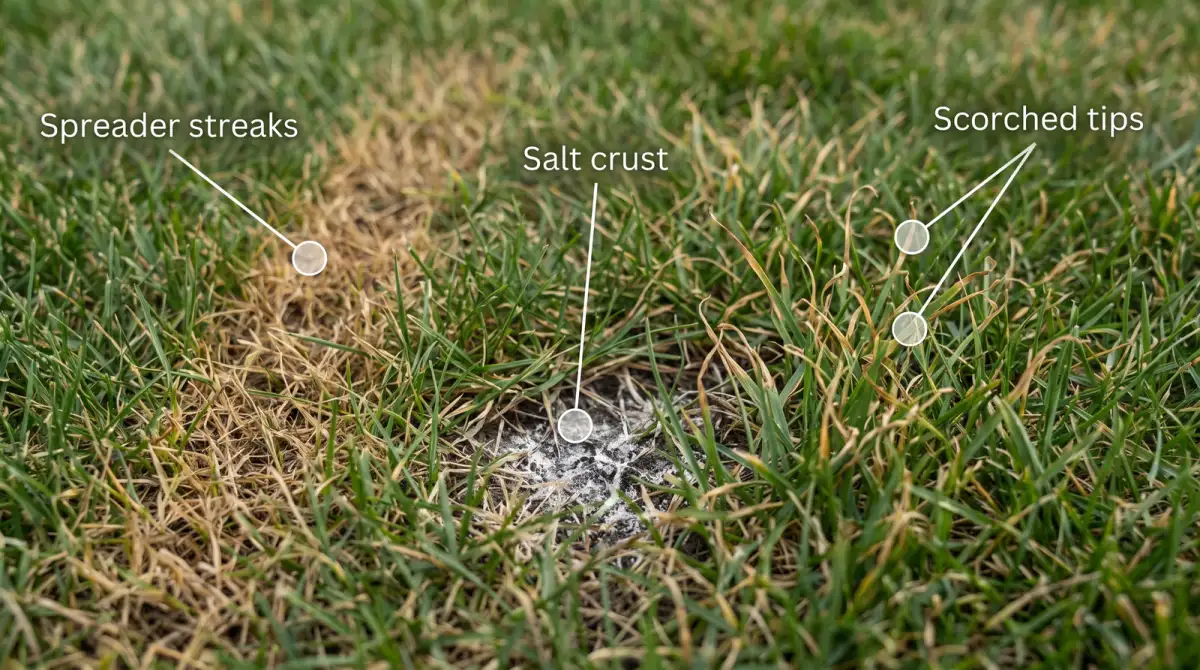Annotated photo of an over-fertilized lawn showing brown spreader streaks, a white salt crust on the soil, and scorched grass tips