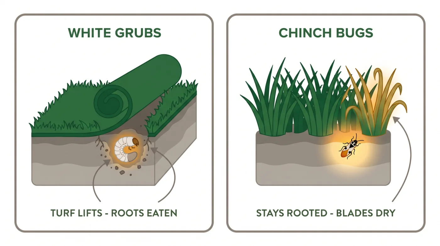 Comparison diagram of white grub damage showing turf lifting like a carpet with C-shaped larvae versus chinch bug damage showing rooted brown patches in sunny areas