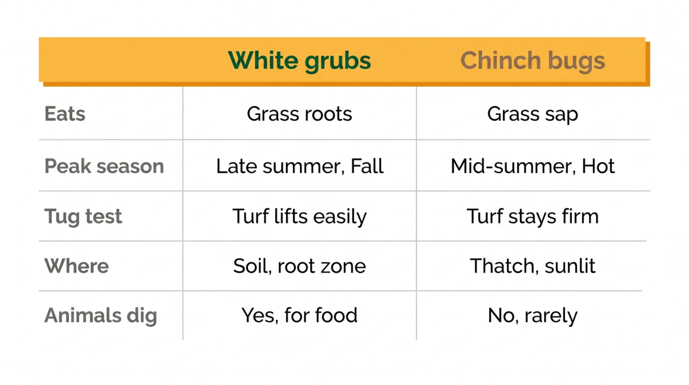 Side-by-side comparison table graphic of white grubs versus chinch bugs covering what they eat, damage season, the tug test result, and whether animals dig