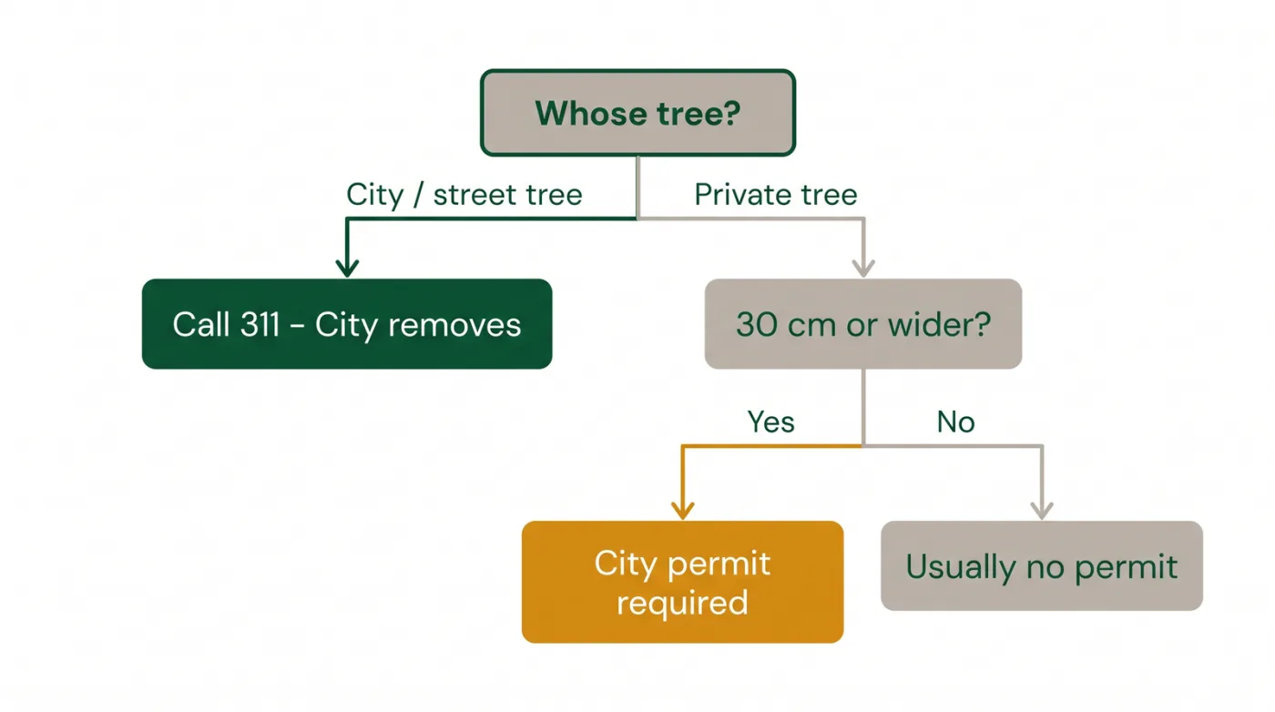 Decision-tree diagram showing whether a Toronto tree needs a permit: City tree goes to 311, private tree 30 cm or more needs a permit, private tree under 30 cm usually does not