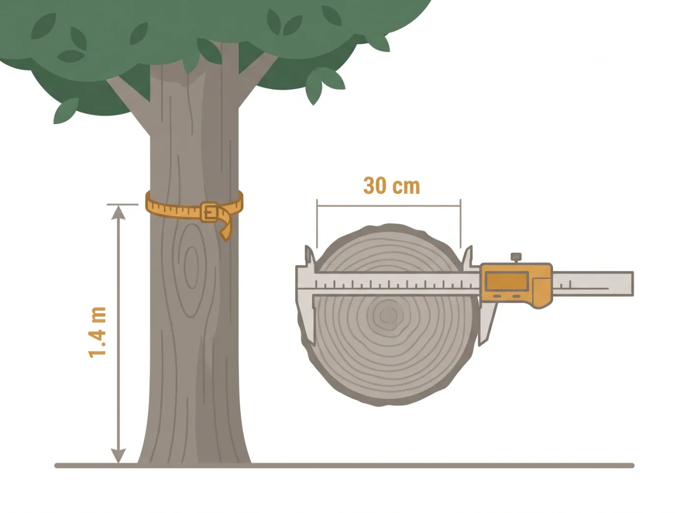 Illustration of a person measuring tree trunk diameter with a tape at 1.4 metres above the ground, showing the 30 cm protection threshold