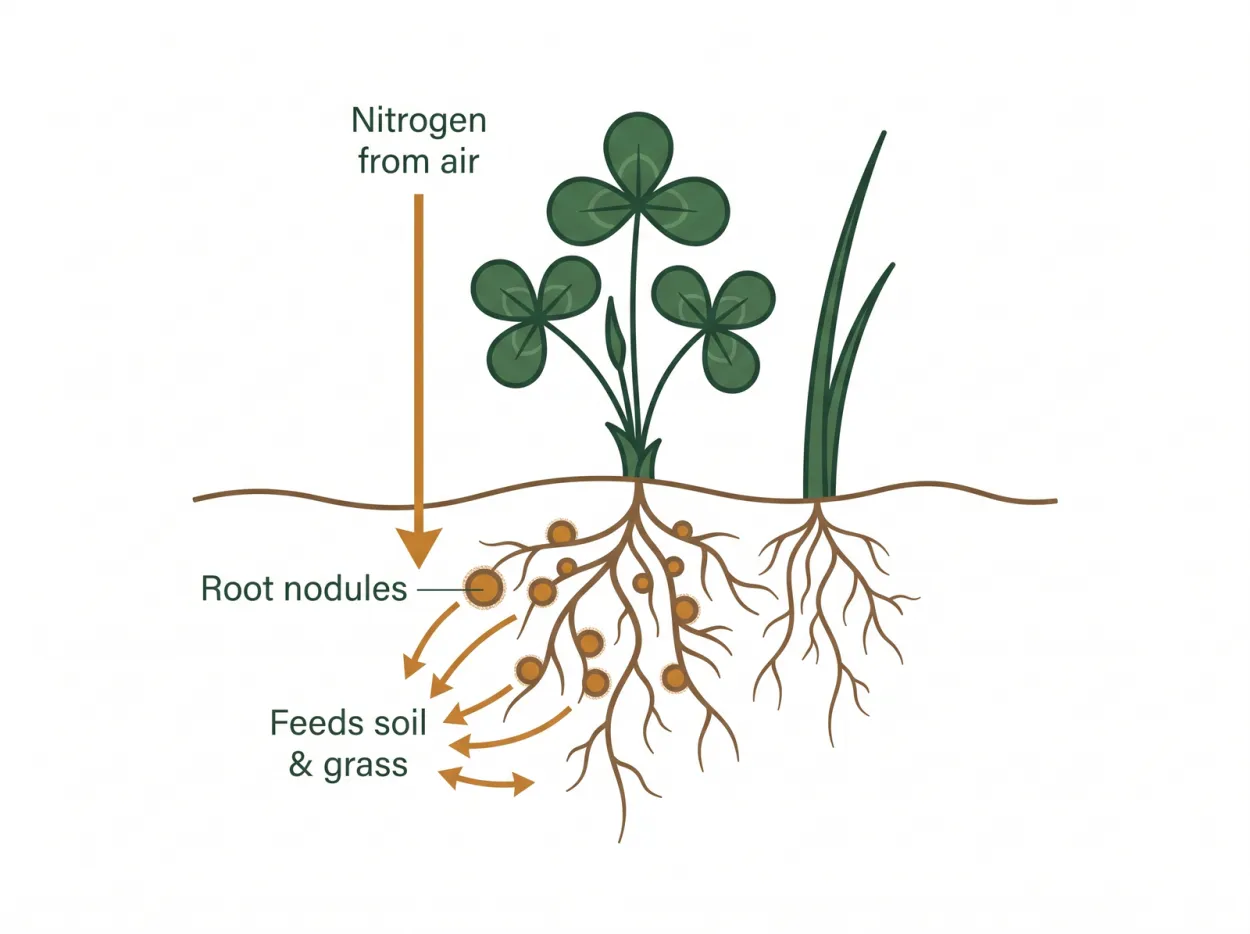 Cross-section diagram of a clover plant showing root nodules with Rhizobium bacteria pulling nitrogen from the air and feeding it to the soil and nearby grass
