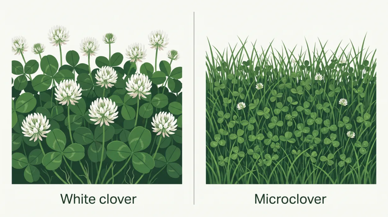 Comparison diagram of white clover versus microclover showing white clover with larger leaves and more flowers and microclover with smaller leaves blending into turf
