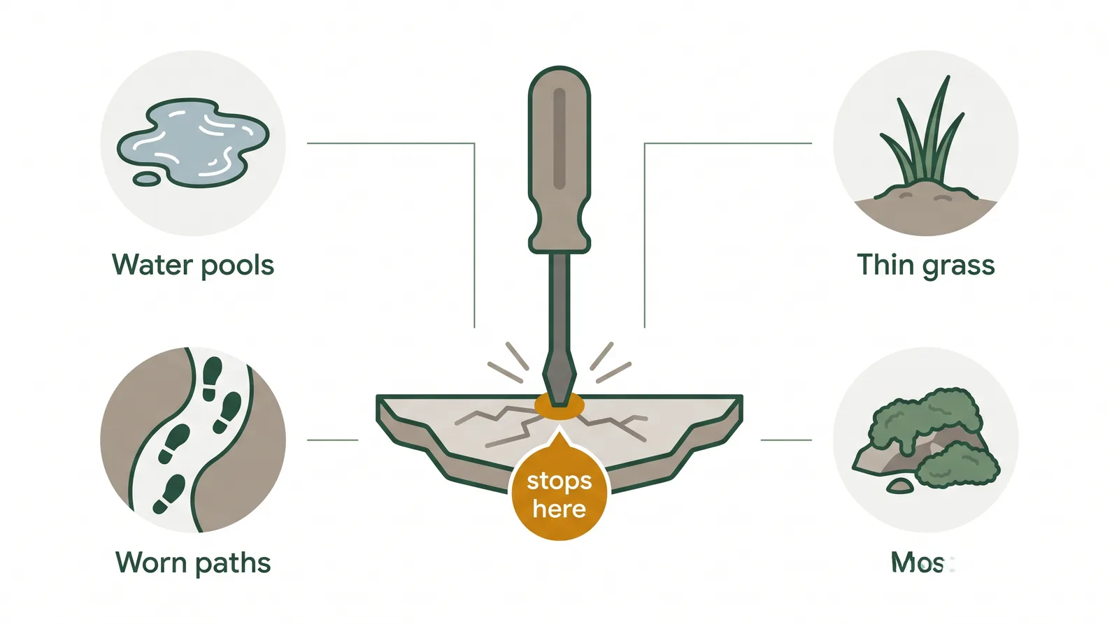 Diagram of the screwdriver test and signs of compacted soil: water pooling, thin grass, worn bare paths, moss, and a screwdriver that will not push into the ground