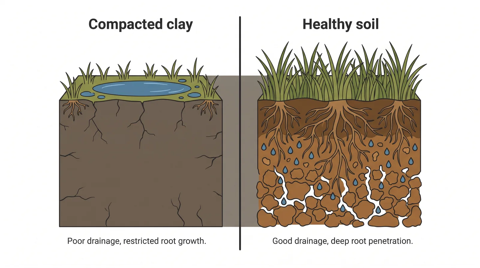 Cross-section comparison of compacted clay with shallow roots and pooling water versus healthy loose soil with deep roots and water soaking in