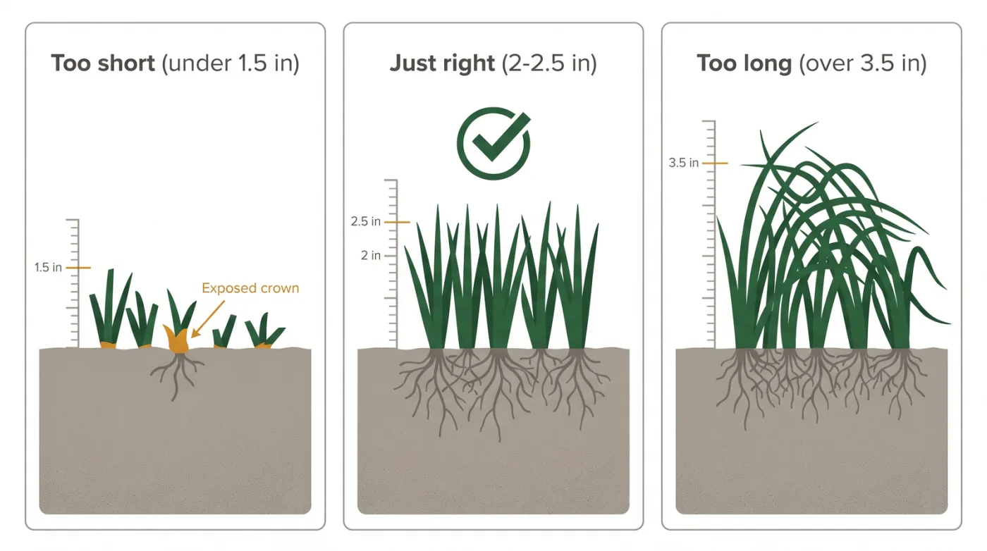 Diagram comparing three fall lawn mowing heights: scalped under 1.5 inches exposes crown, ideal 2 to 2.5 inches, and too long over 3.5 inches which mats and breeds snow mould