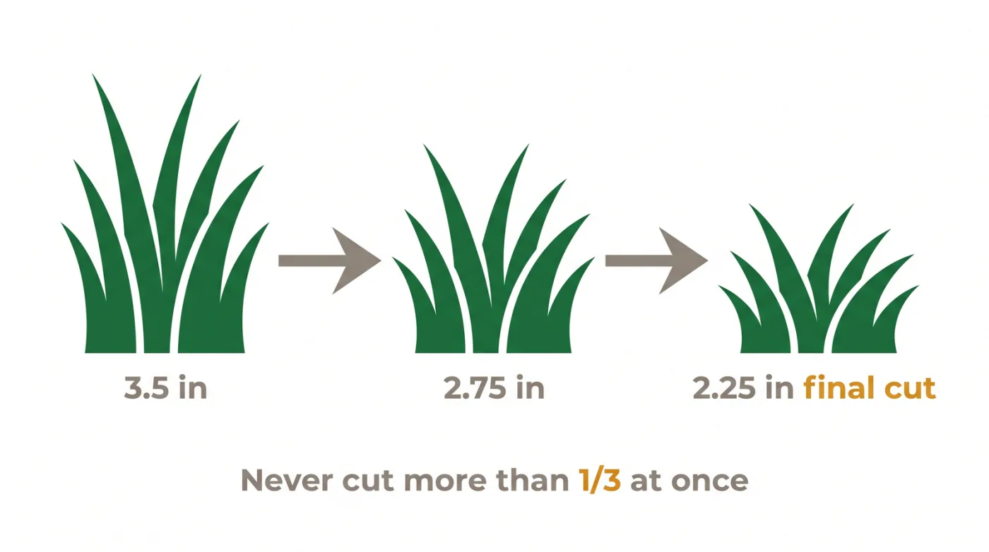 Diagram of stepping lawn mowing height down over the last two fall cuts, from 3.5 inches to 2.75 inches to about 2.25 inches, each removing no more than one-third of the blade