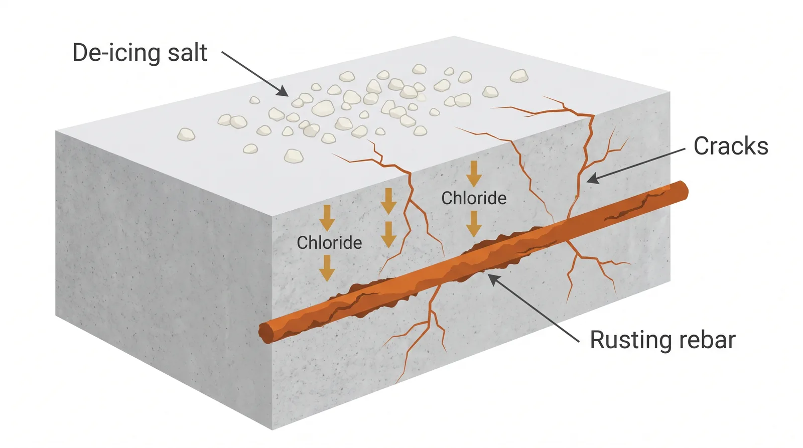 Cutaway diagram of a concrete slab showing de-icing salt on top, chloride ions penetrating downward, and rusting reinforcing steel expanding and cracking the concrete from inside