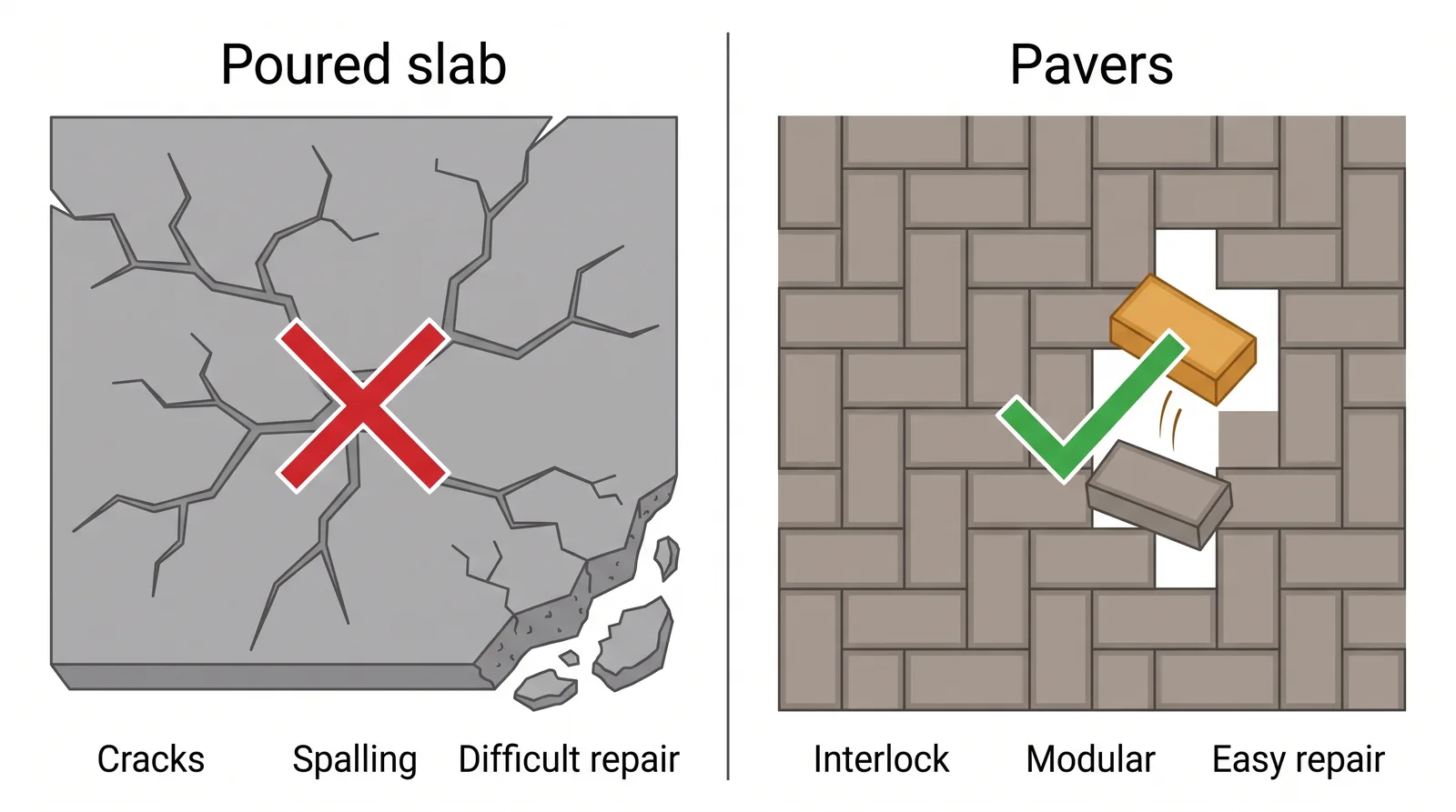 Comparison of a poured concrete slab that cracks and spalls as one piece versus interlocking pavers where a single damaged unit can be lifted and replaced
