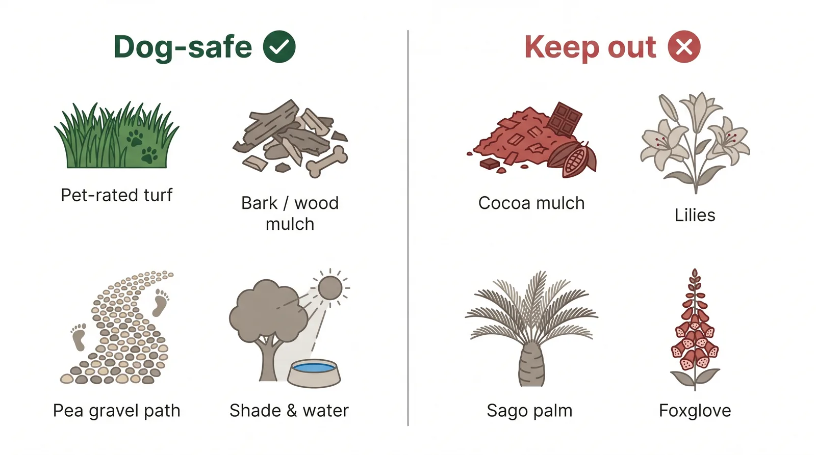 Comparison of dog-safe versus unsafe backyard choices: safe are dog-rated turf, bark mulch, pea gravel paths and shade; unsafe are cocoa mulch and toxic plants like lilies and sago palm