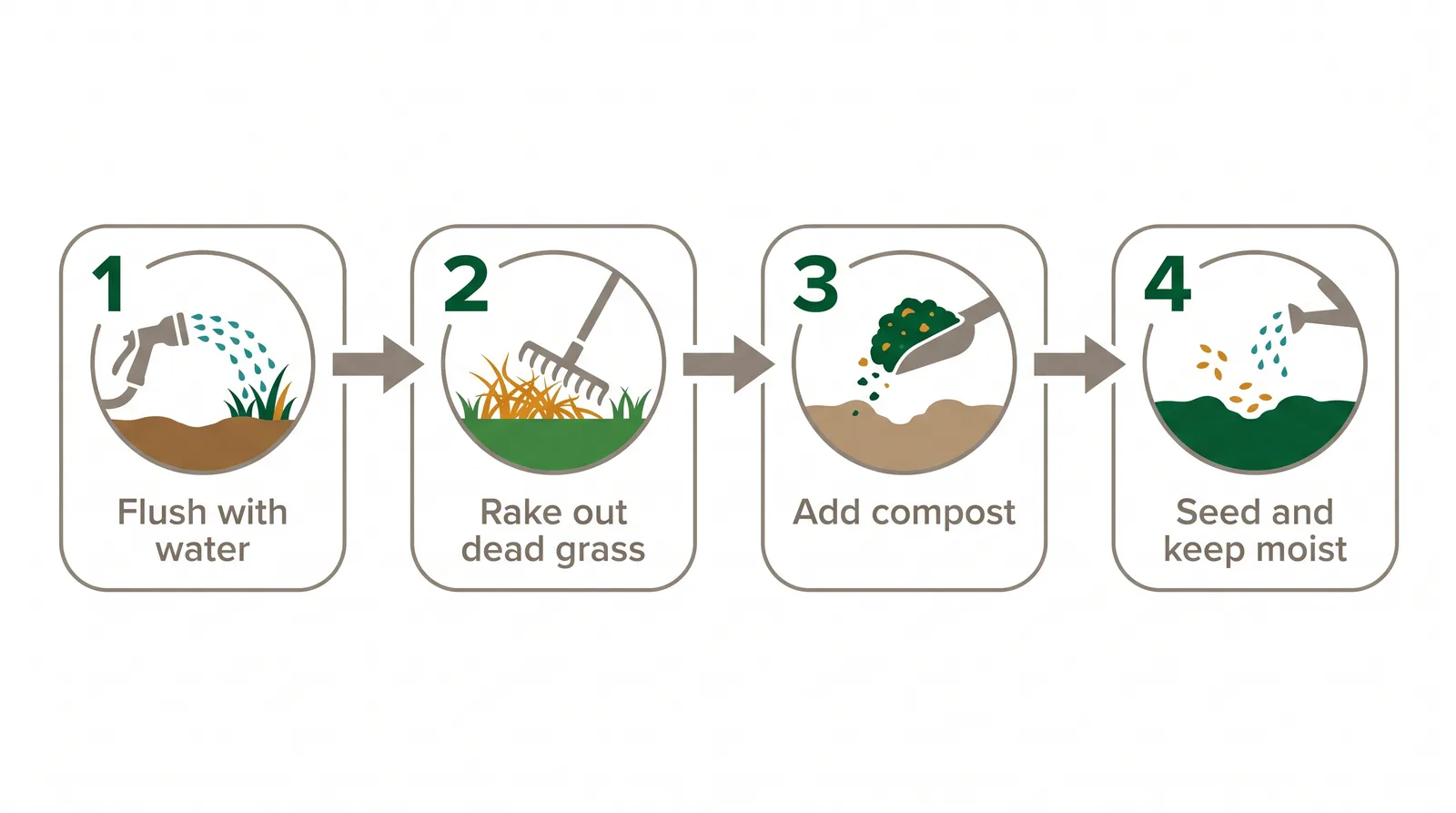 Step diagram of repairing a dog urine spot: flush with water, rake out dead grass, add compost, reseed, and keep moist