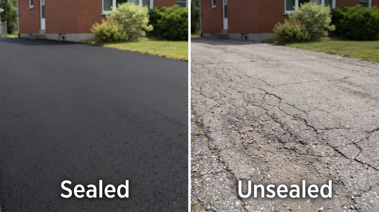 Comparison graphic of a sealed asphalt driveway staying dark and intact versus an unsealed one showing cracks and faded grey surface after Toronto winters