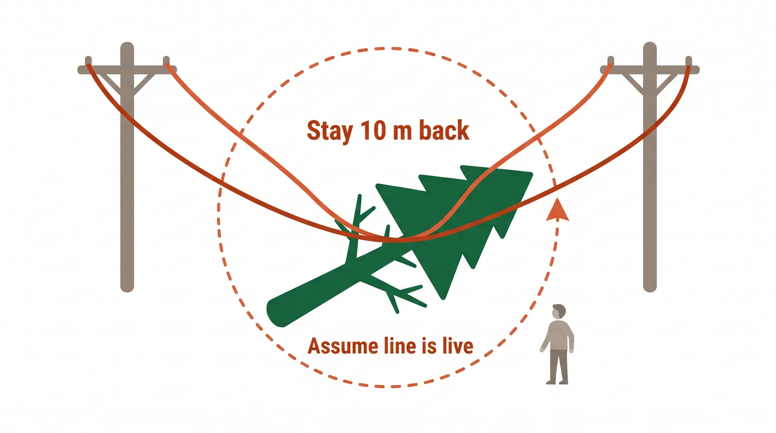 Safety diagram showing a downed power line with a 10 metre stay-back zone around a storm-damaged tree